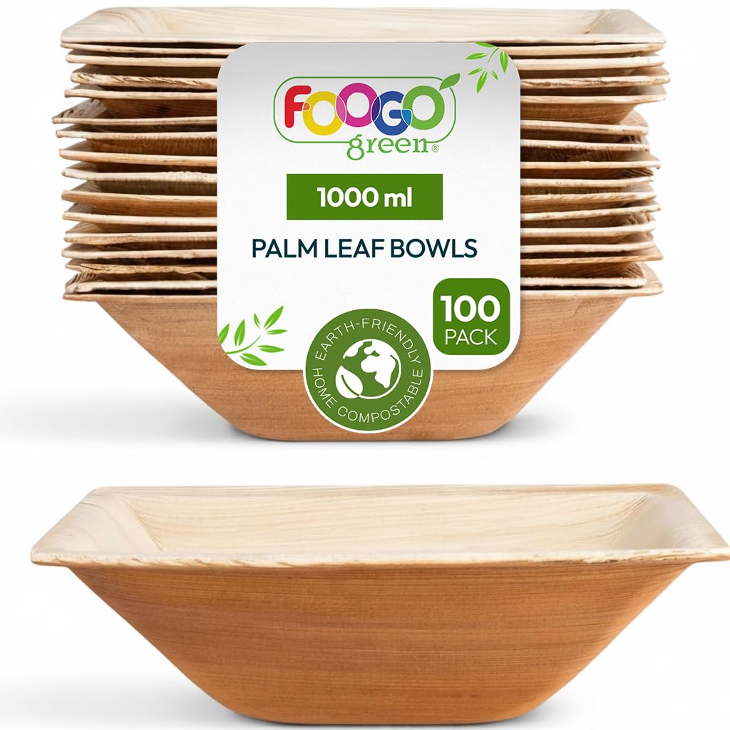 FOOGO Green 100 Cuencos Hoja de Palma Cuadrados 20cm 1000ml Desechables | Biodegradables, Compostables, Para postres y ensaladas, Como cuencos de madera, bambú y papel, Para fiestas y bodas, Snacks
