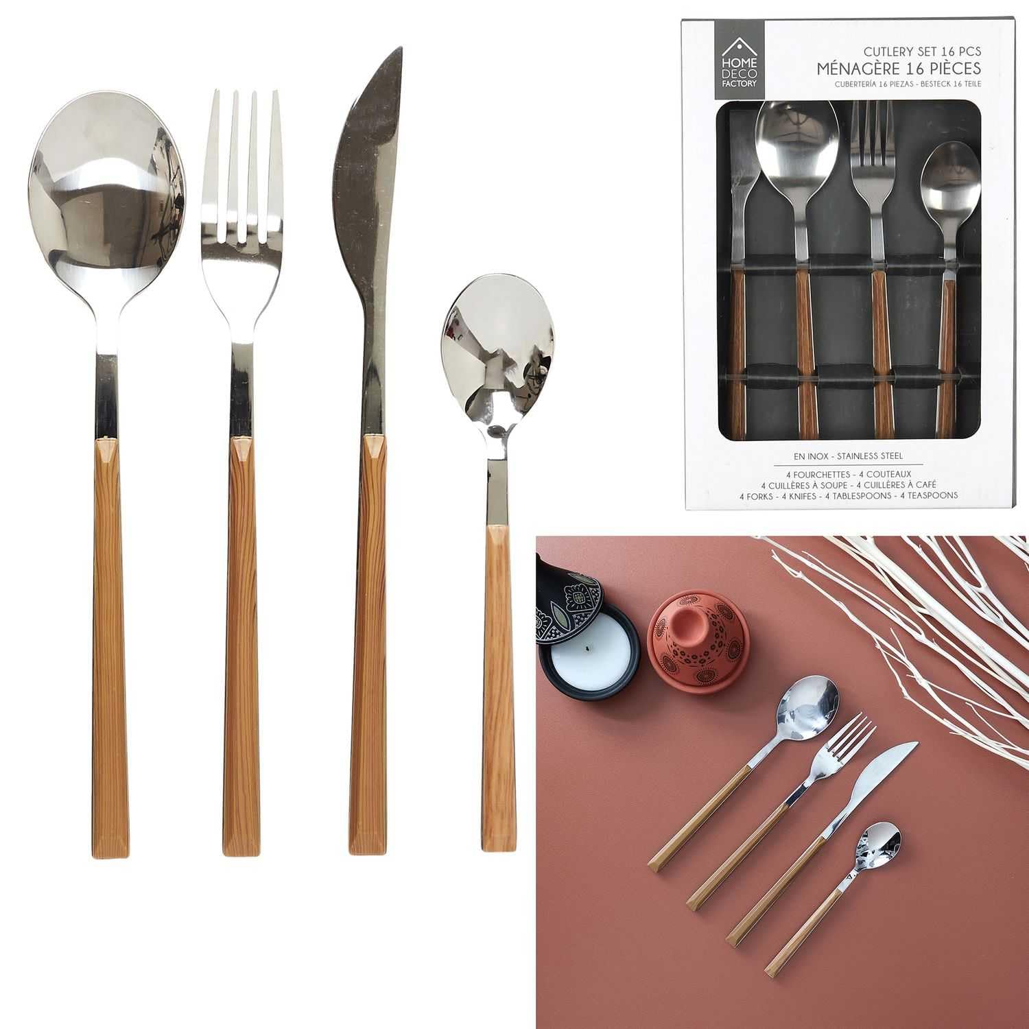 Home Deco Factory, KA5991, Set Posate Effetto Legno 16 Pezzi, Design Elegante in Acciaio Inossidabile, Resistenti e Pratiche per Tutti i Pasti, Ideali per Tutte Le Occasioni, Marrone, Argento