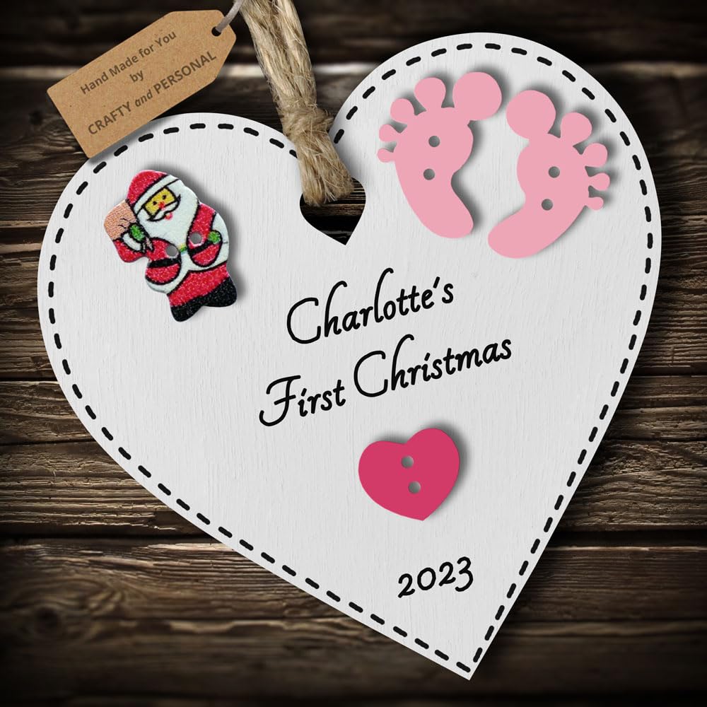 Multi-Colour Personalised Baby's First 1st Christmas Bauble tree decoration wooden heart hanging ornament keepsake gift for boy or girl (White #2)