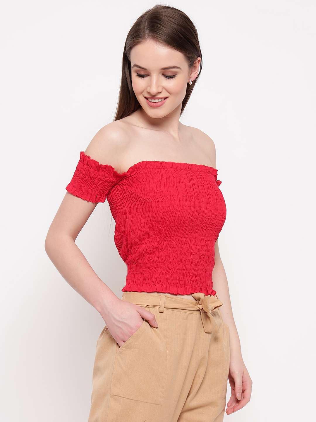 Luminara Finds Women's Rayon Solid Off-Shoulder Smocked Crop Top Short Sleeve Casual Styles Tank Top (Free Size) Multi28