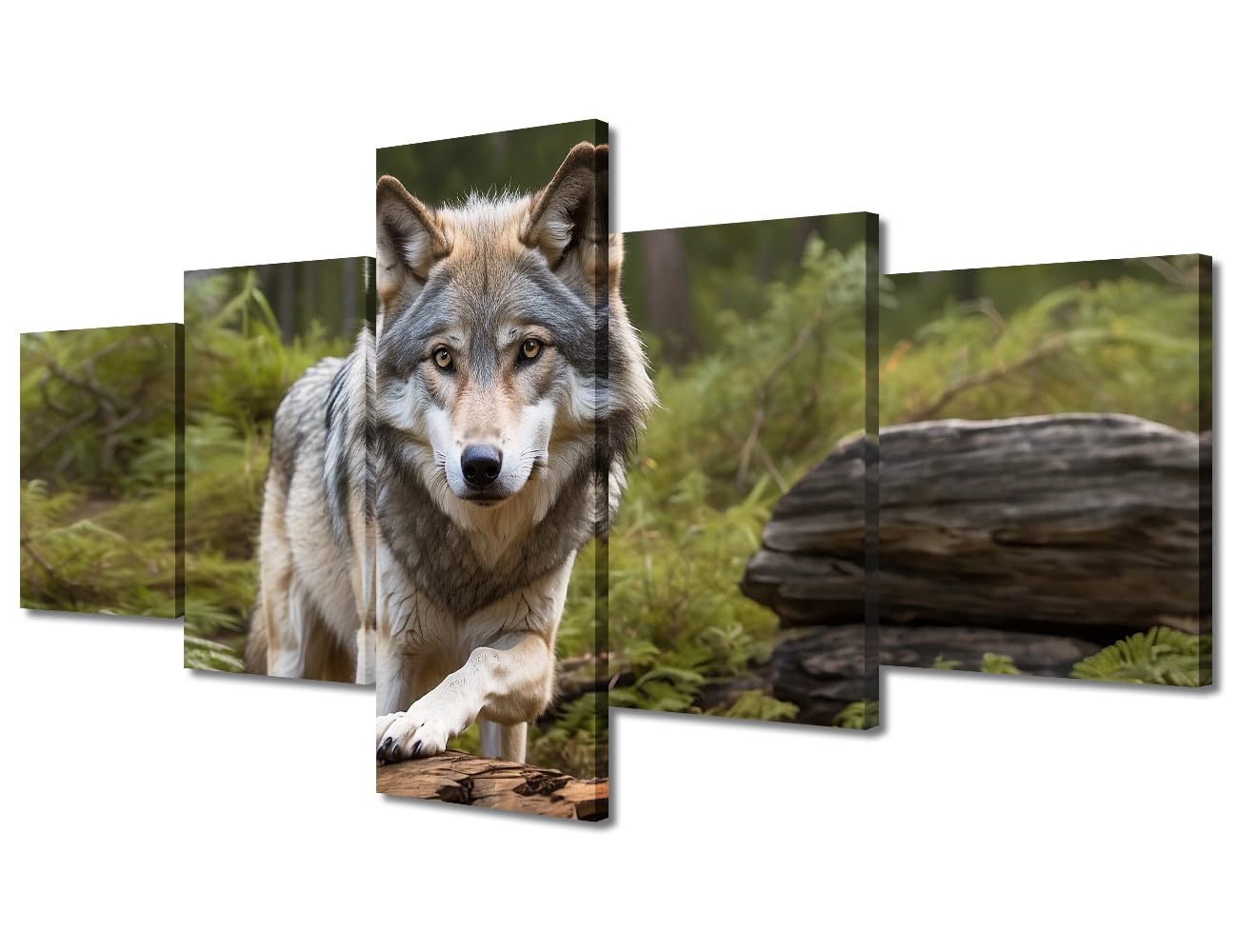 TUMOVO Wall Art Paintings Animal Pictures 5 Panels Prints on Canvas Wolf in The Jungle Canvas Prints Living Room House Modern Decor Giclee Artwork Stretched and Framed Ready to Hang, 50" Wx24 H