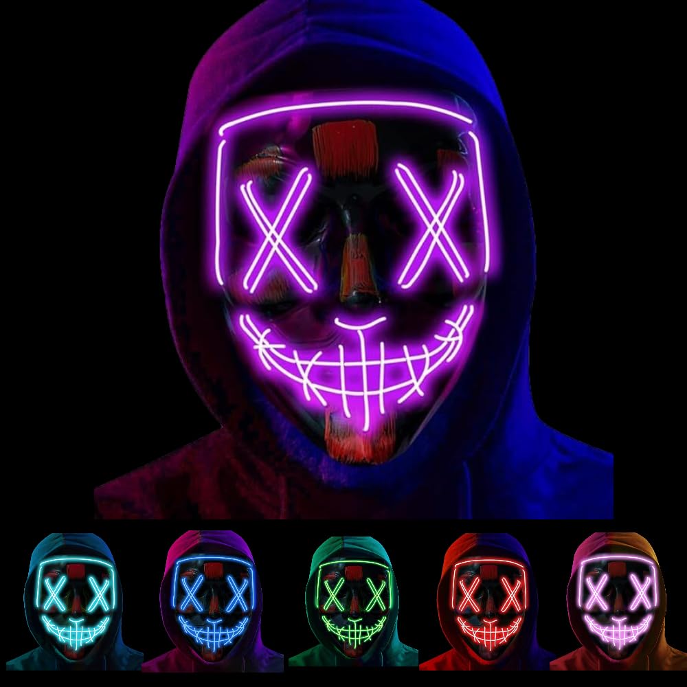 Purple Purge LED Mask - Glow in the Dark, Flashing 3 Mode, Super Bright, Scary Mask for Adults & Kids