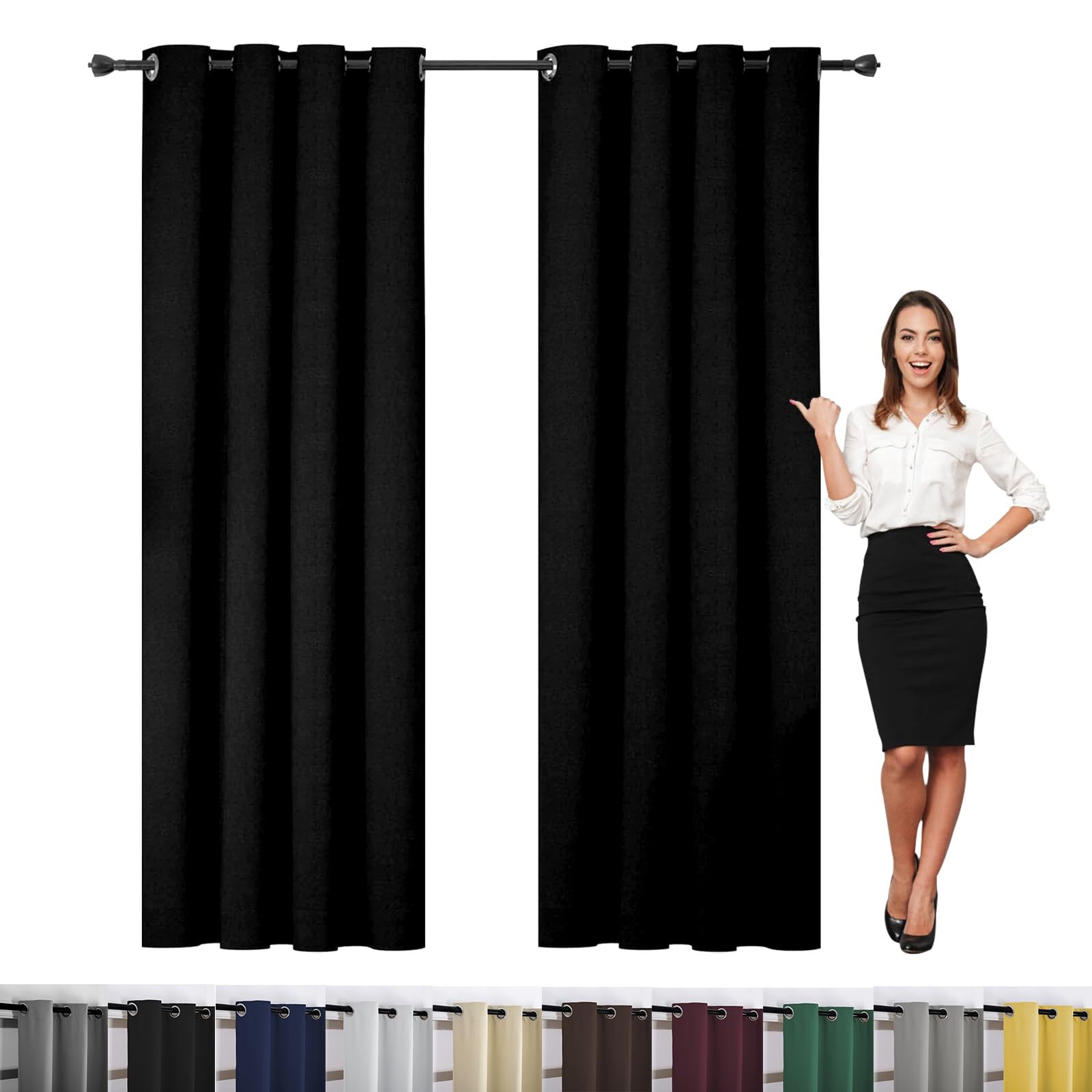 Verdunklungsvorhänge mit Ösen 90 x 60 cm Pflegeleicht Thermo Blickdicht, Gardinen Extra Breit Thermovorhang, mit Raffhalter für Wohnzimmer Kinderzimmer, Schwarz