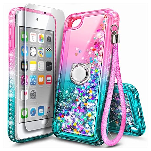 NGB Designed for iPod Touch 7th Generation Case & 6th/5th, Pink/Aqua | Glitter Liquid Bling Sparkle Cute Cover for Women Girls Kids | with Screen Protector & Ring Holder & Wrist Strap Lanyard