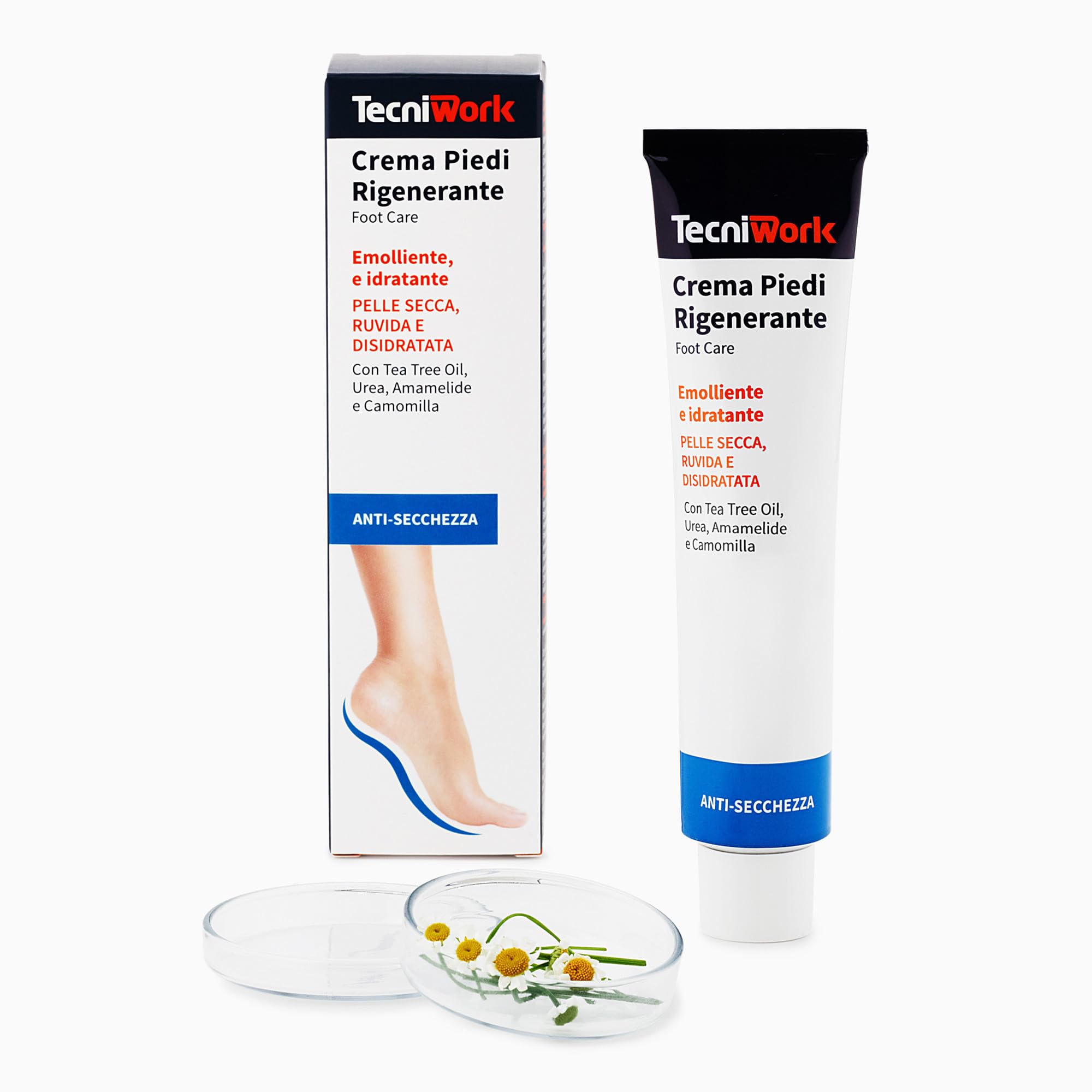 Tecniwork Crema Piedi Rigenerante Idratante ed Emolliente con Tea Tree Oil, Urea, Amamelide e Camomilla per Pelle Secca e Disidratata 75 ml