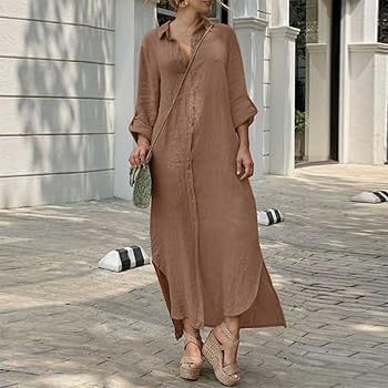 Zhyaj Womens Linen Maxi Shirt Dress Loose Fit Trendy Long