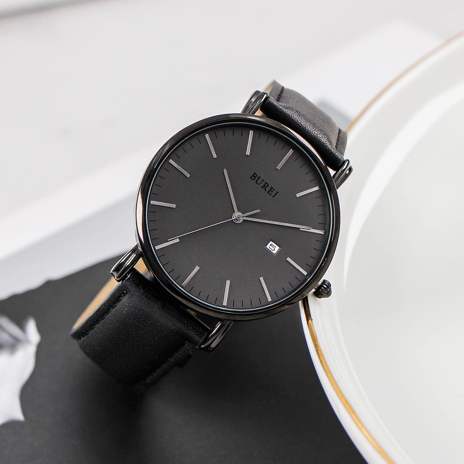 BUREI Uomo Orologio da Polso al Quarzo Classico con Cassa Ultra Sottile Design Minimalista Quadrante Analogico Data Finestra