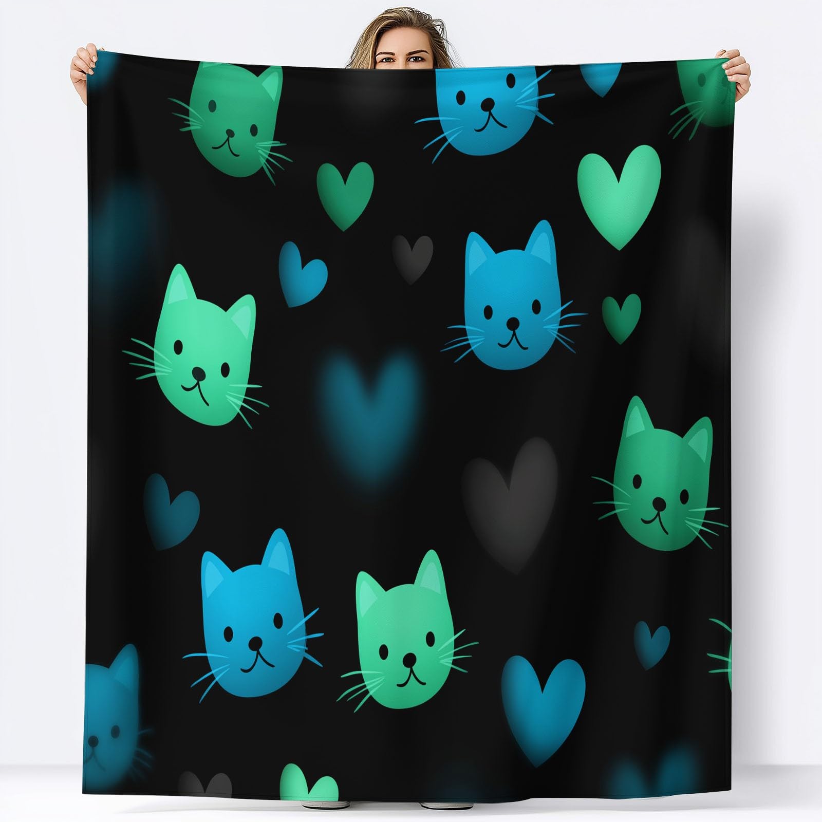 Generico Plaid Coperta Pile Nero Bambini Ragazzi Ragazze Plaid Pile Motivo Forma Faccia Gatto Neon Cartoni Animati Coperte Flanella 220 x 240 cm, per Letto e Divano Blanket Peluche Morbida e Calda