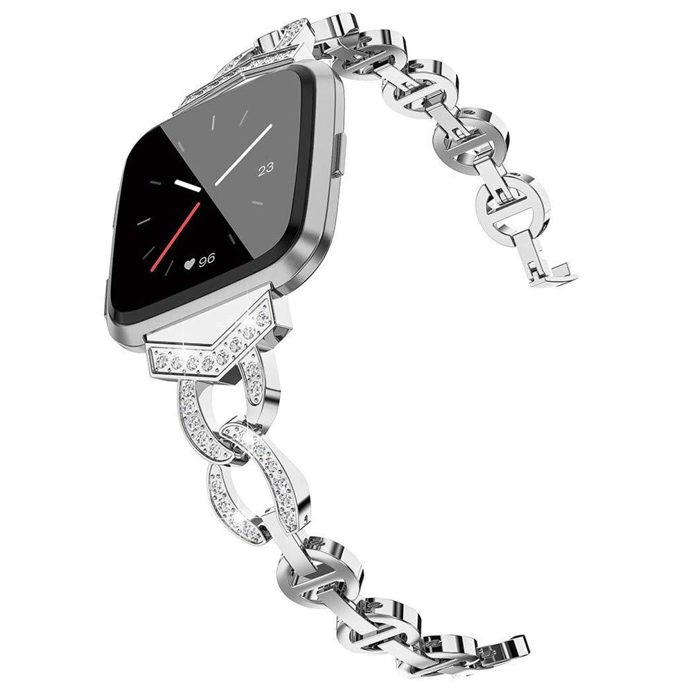 Versa Uhrenarmband, Bling Strass Edelstahlarmband Schlanke Demontage Ersatzband Damen Atmungsaktives Zubehör Armband Kompatibel für Fitbit Versa/Versa 2/Versa Lite (Silber)
