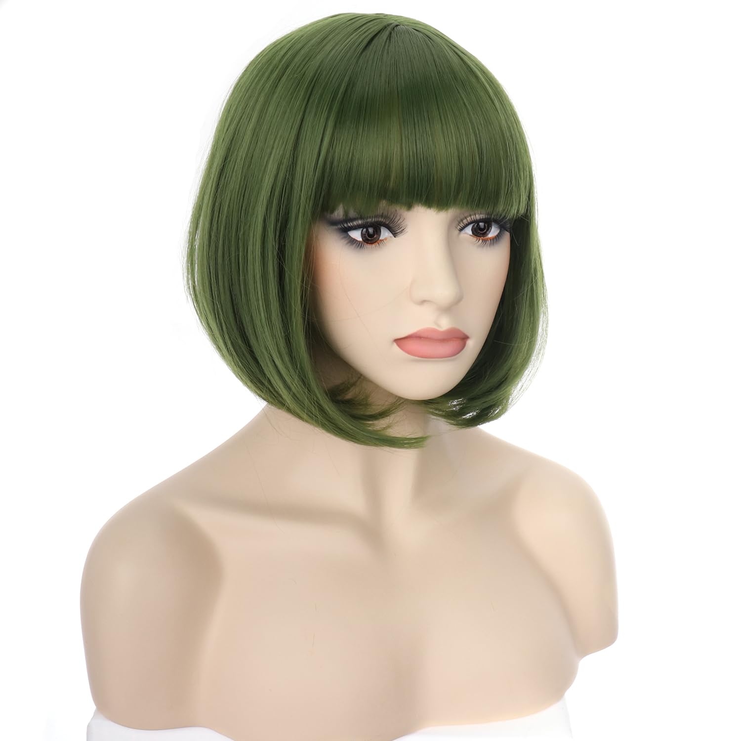 PORSMEER Short Bob Wigs with Fringe For Womens Natural Synthetic Hair Colorful Costume Cosplay Wig for Anime Halloween Fancy Dress Party+Wig Cap,Olive Green - Image 3