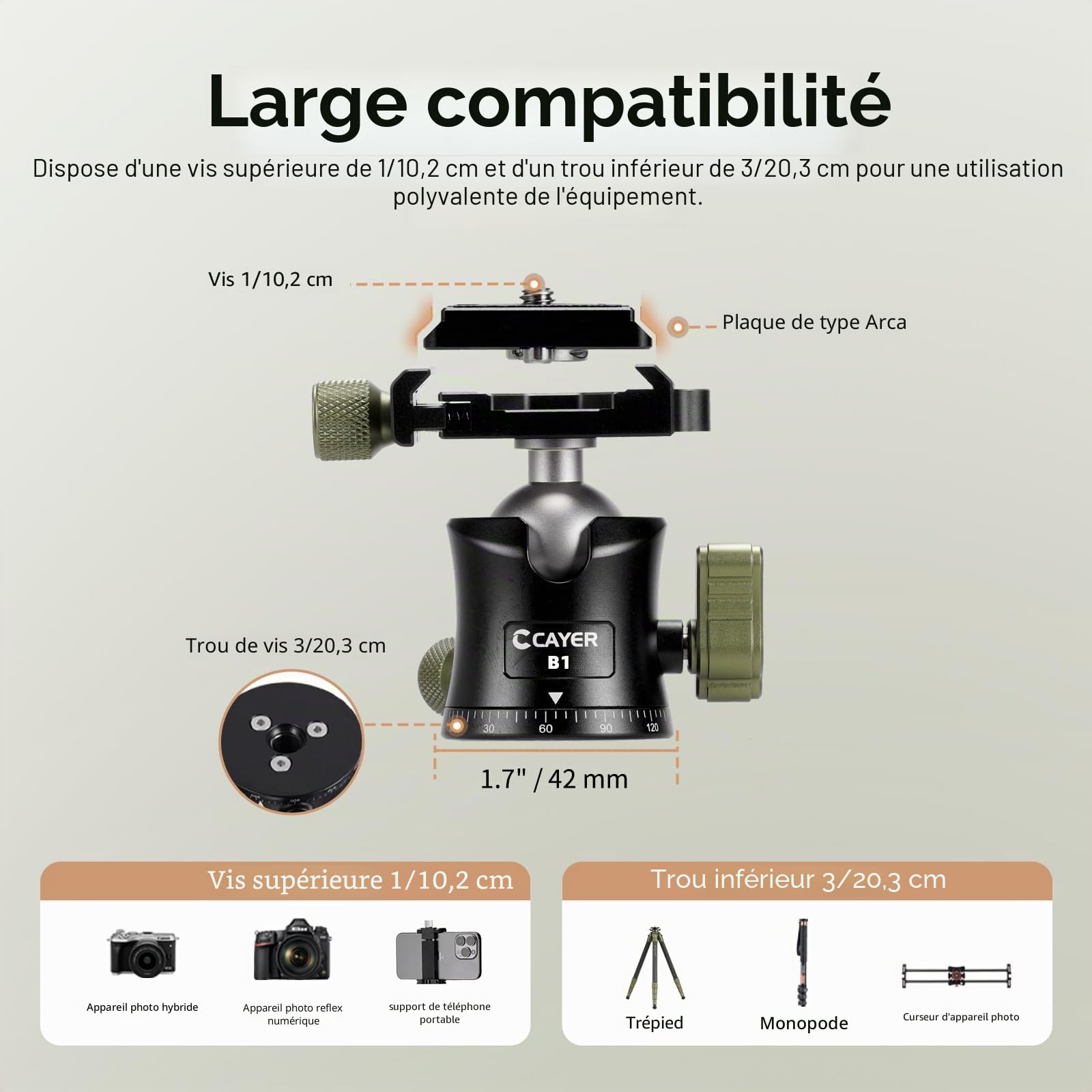 Cayer CH35 Trépied de Voyage avec Rotule, Trépied Compact en Fibre de Carbone, 136 cm (53,6 pouces), Charge Max 8 kg (17,6 lbs) pour Appareils Photo Hybrides, Caméscopes, Téléphones Mobiles et Webcams | Trépied compact à 5 sections avec plaque type Arca C