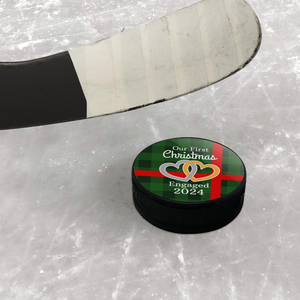 Our First Christmas Engaged 2024 Hearts Green Plaid Ice Hockey Puck