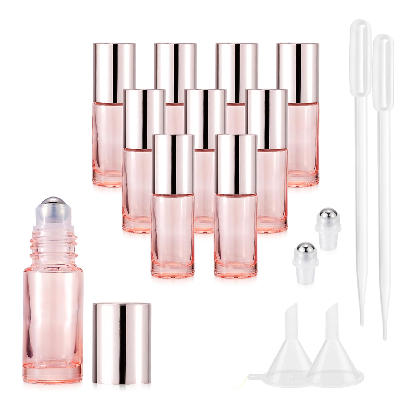 Njvial 1/6 oz Cute Rose Pink Glass Roller Bottles for Essential Oils, 10Pack 5mL Refillable Roll On Bottles with Stainless Steel Roller Balls, Funnels