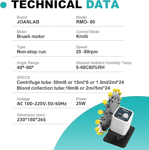 Miniatura 2 de JOANLAB Mezclador giratorio de laboratorio digital mezclador de tubo mezclador para 1.5/2/5/10/15/1.7 fl oz velocidad ajustable 20-80RPM control