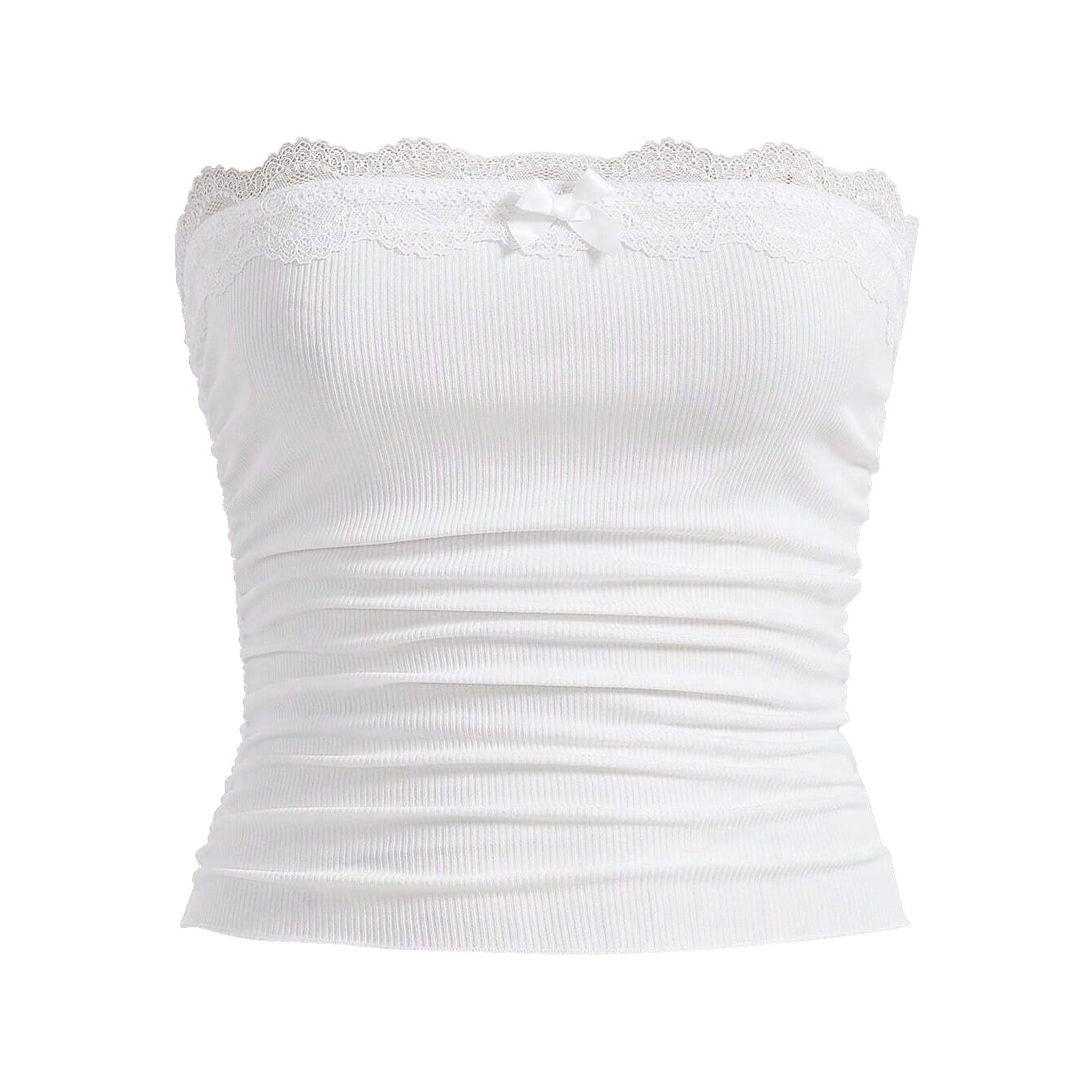 Feclmiyt Women Y2k Lace Trim Tube Top Summer Sleeveless Backless Cropped Bandeau Cami Tops Fairy Strapless Ribbed Tops Going Out (White, L)