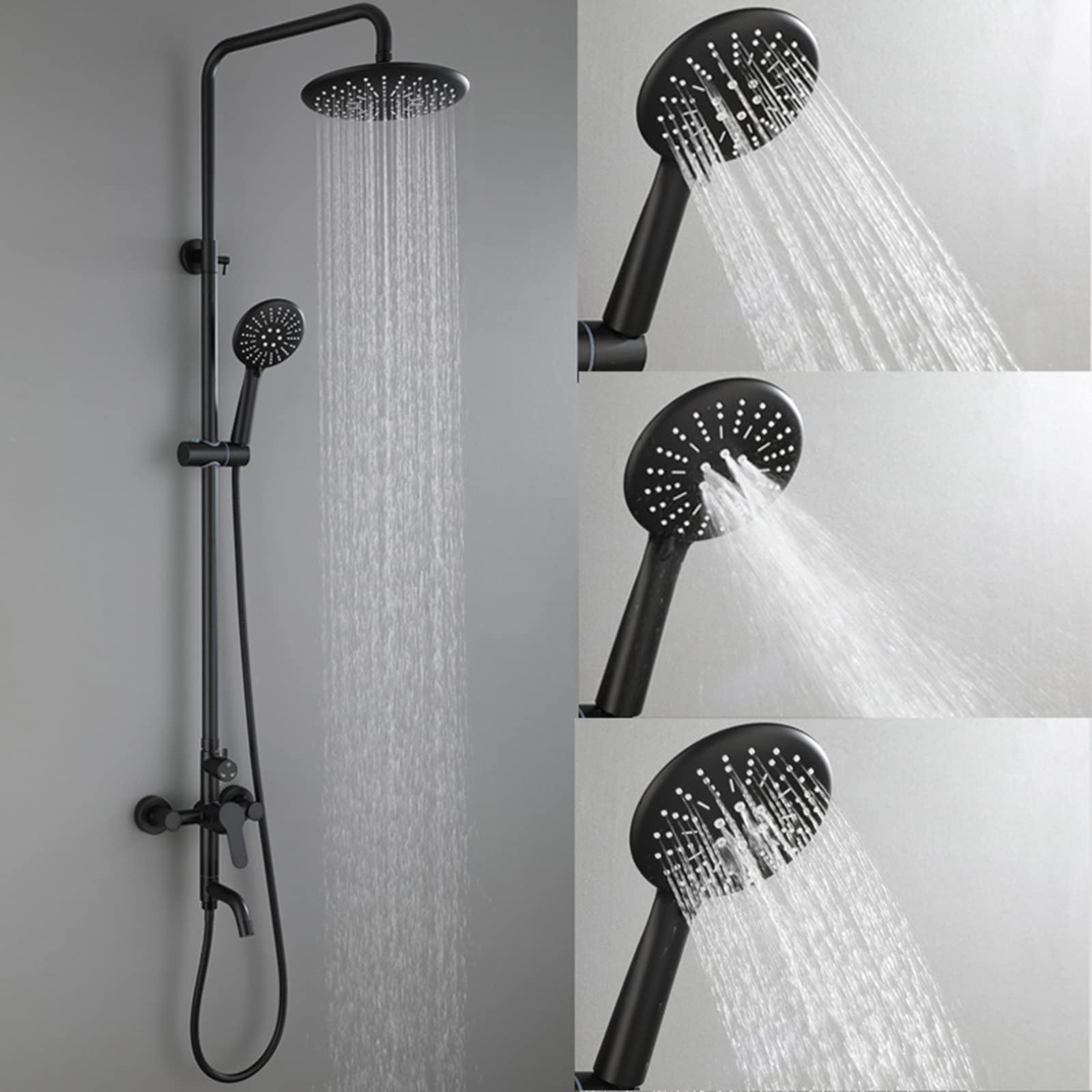 Sistema Doccia Nero con Bocca Vasca, Rubinetto Doccia in Acciaio Inox per Bagno, Set Doccia Regolabile in Altezza con Soffione Doccia A Pioggia E Doccia A Mano 3 modalità