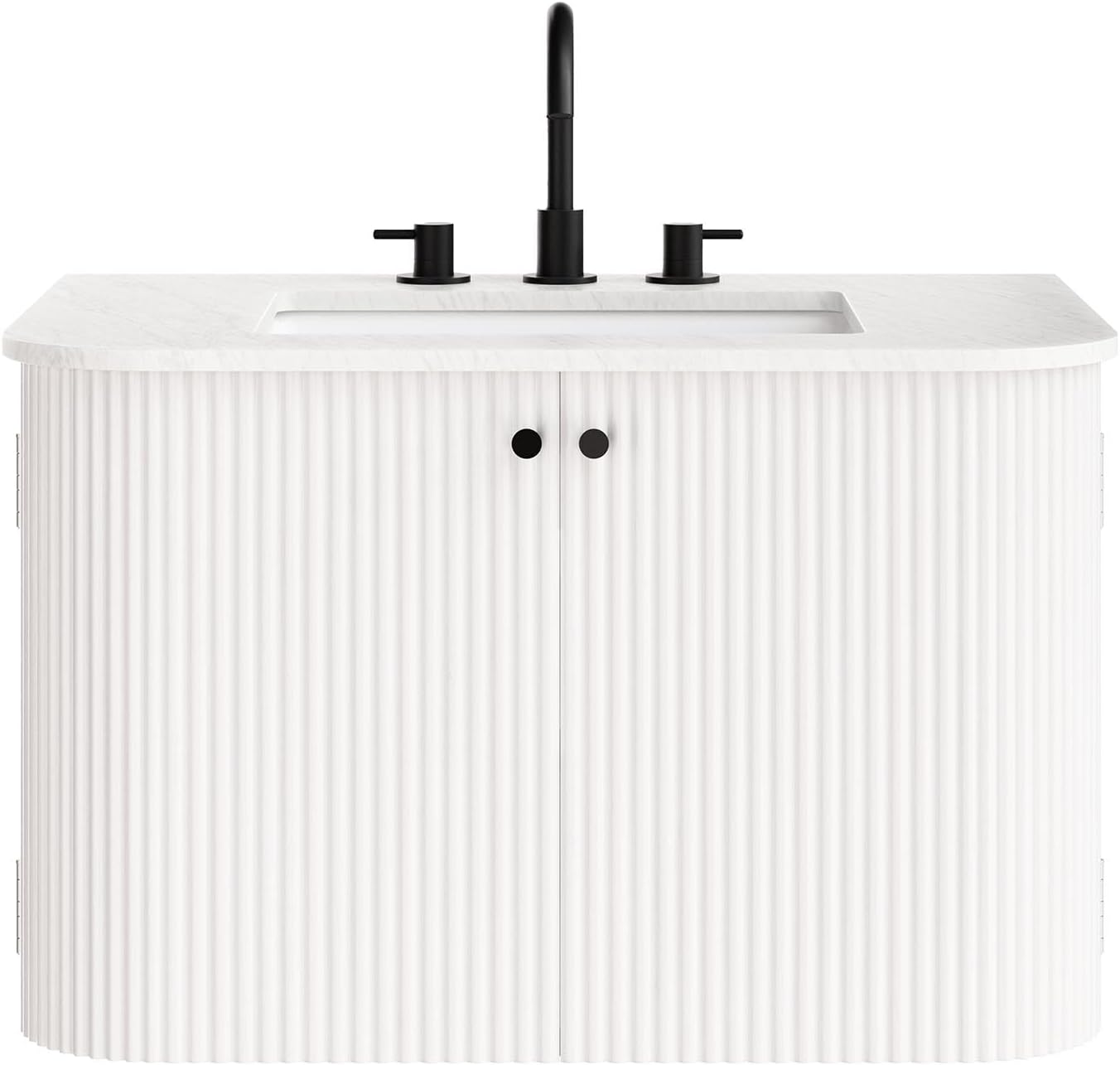 Modway Zia 30 Inch Wall-Mount Bathroom Vanity in Ivory with Marble Sink Basin - Floating Bathroom Cabinet with Fluted Design