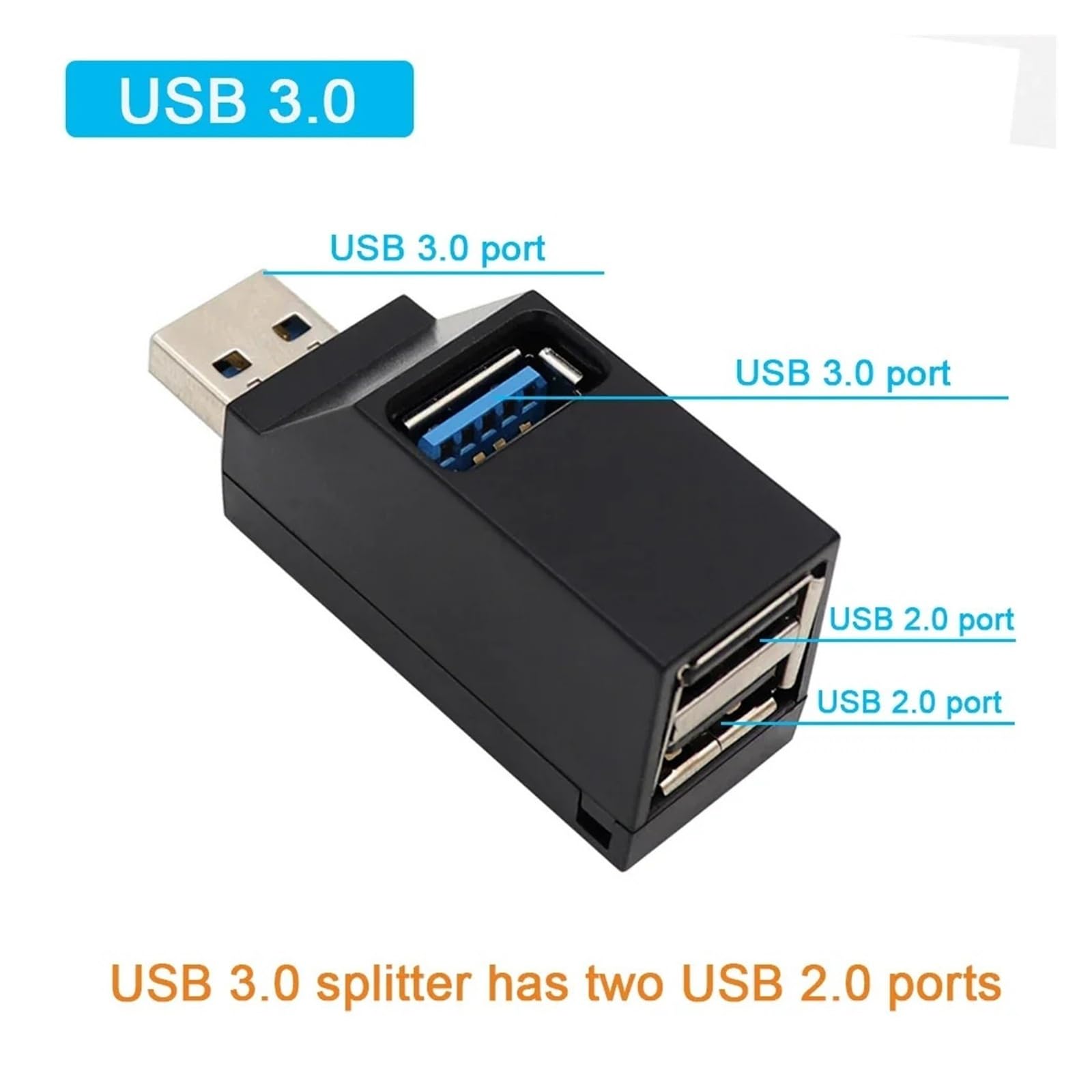 Divisor de 3 puertos USB 3.0, 5 Gbps para mini USB, adaptador extensor para ordenador portátil, PC, lector de tarjetas flash (USB 3.0 Hub negro)