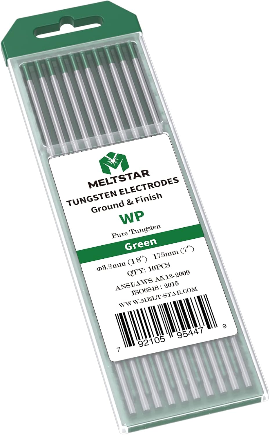 MELTSTAR TIG Welding Tungsten Electrodes Pure Tungsten 1/8” x 7” (Green, WP) 10Pack