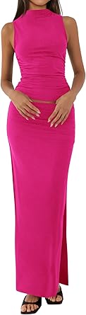 BTFBM Summer Two Piece Skirt Set for Women 2025 Dressy Lightweight Sleeveless Knit Top Going Out Split Maxi Skirt Set