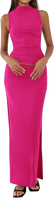 BTFBM Summer Two Piece Skirt Set for Women 2025 Dressy Lightweight Sleeveless Knit Top Going Out Split Maxi Skirt Set