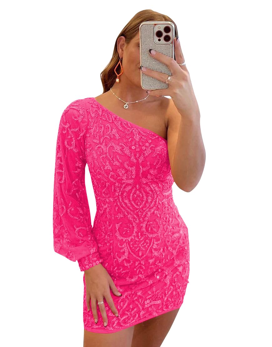 Sparkly Sequin Homecoming Dresses for Teens Short Long Sleeve One Shoulder Mini Prom Cocktail Gown