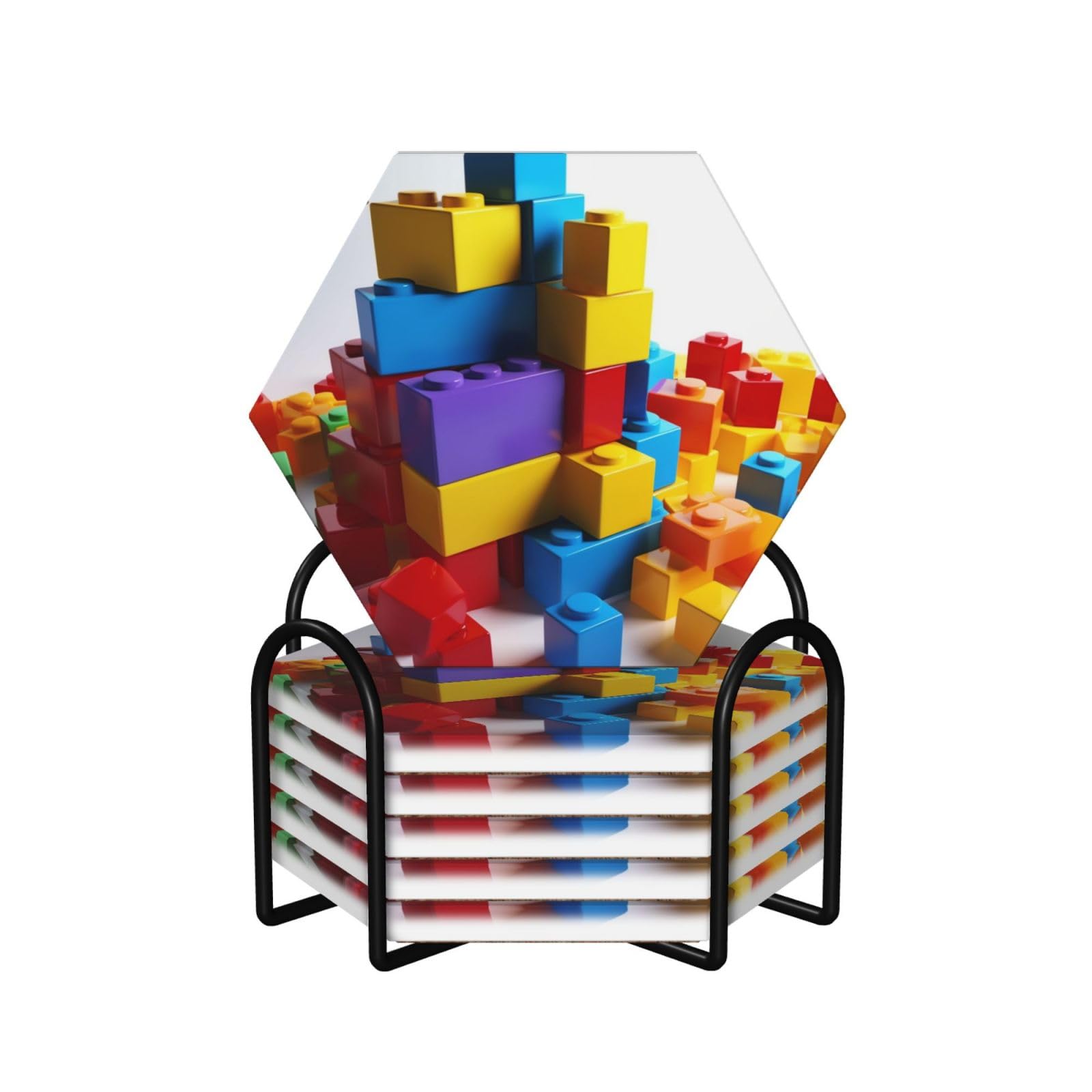 Dessous de verre en céramique lot de 6 avec support métal blocs colorés