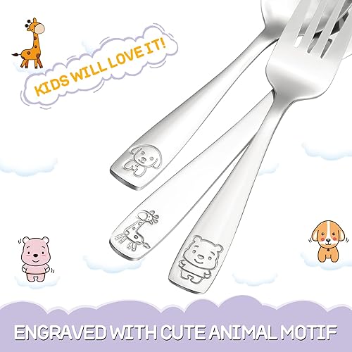 Miniatura 5 de VITEVER Juego de cubiertos de acero inoxidable para niños, 12 piezas, tenedores, cucharas y cuchillos seguros para niños, pulido con espejo, apto