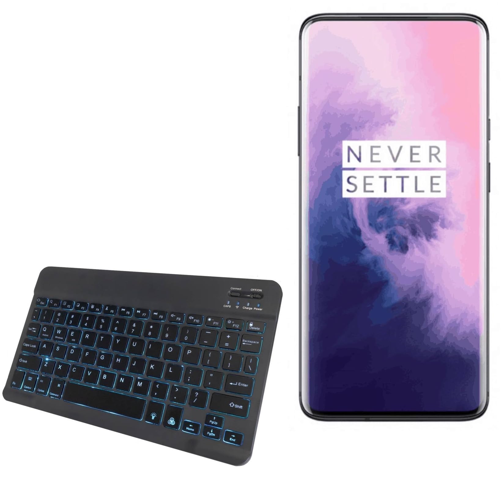 BoxWave Keyboard Compatible with OnePlus 7 Pro 5G - SlimKeys Bluetooth Keyboard - with Backlight, Portable Slim LED 7 Colors - Jet Black