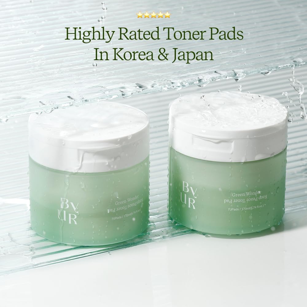 ByUR Green Wonder Keep Peace Toner Pads - Gentle Exfoliation, Soothing & Redness Care for Sensitive Skin, PHA & LHA, Centella Asiatica, 100% Organic Cotton, Facial Pore Care Korean Skincare (70 Count)