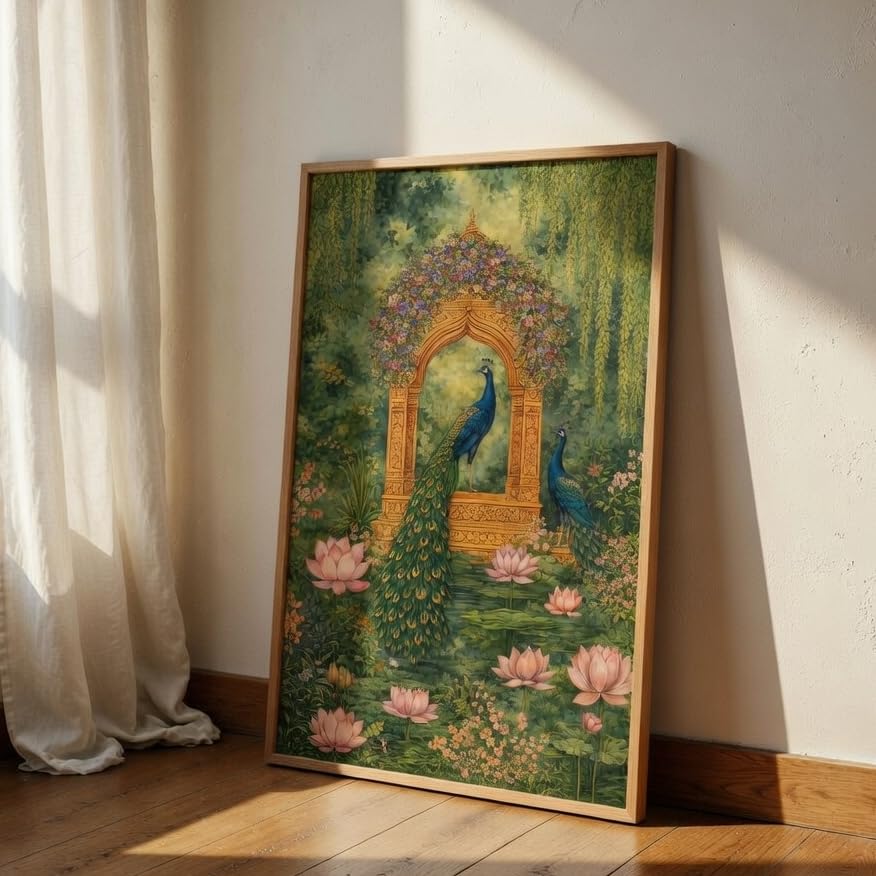Image of Livin'luxe Royal Peacock Garden Wall Painting with Wooden Frame | Elegant Peacock Lotus Artwork HD UV Laminated MDF Wall Decor | Traditional Nature Wall Art for Living Room Bedroom