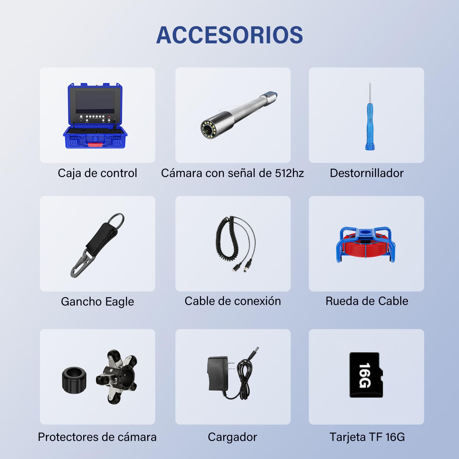 Cámara Endoscópica 9" Monitor Cámara Inspección de Tuberías con Nivelación Automática DVR Grabación de vídeo y Audio con Contador de Metros 30m
