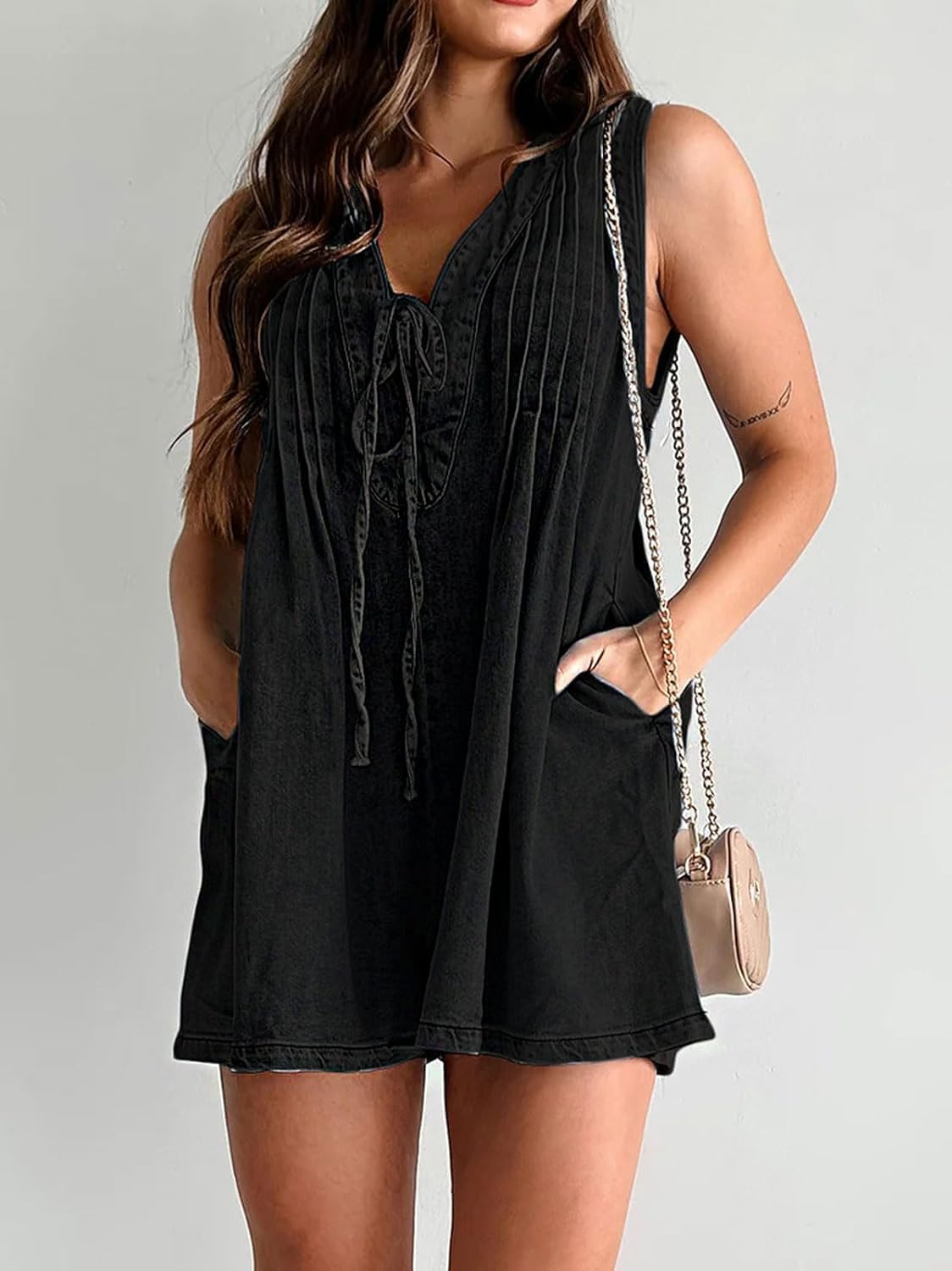 yoeasy Women's Sleeveless V Neck Shorts Denim Romper Tie Front Ruffle Cute Loose Jean Short Overalls with Pockets - Image 2