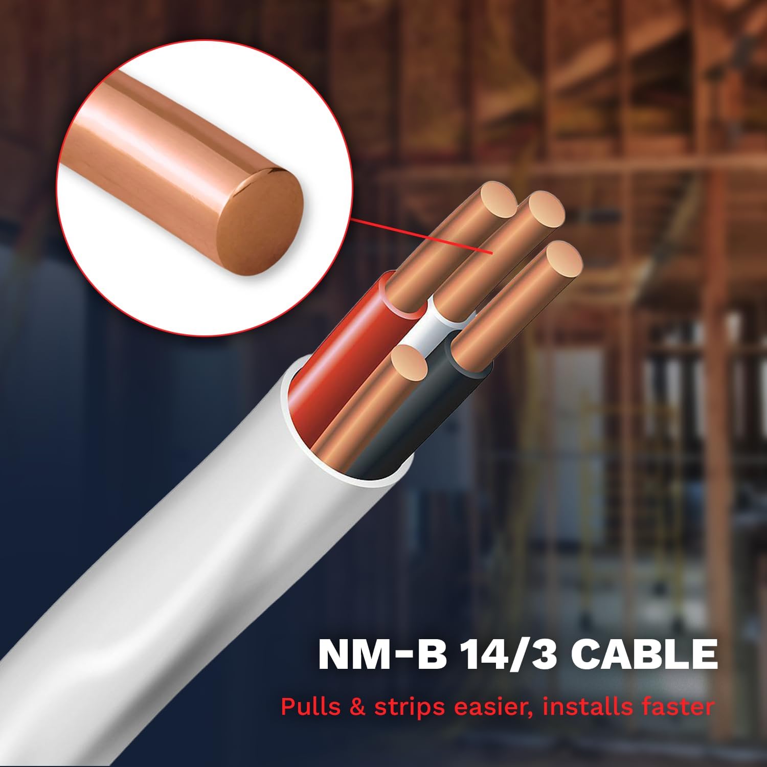 Fil électrique 14/3 NM-B avec câble de terre NMB de calibre 14, fil électrique à 3 conducteurs gaine non métallique gaine isolée pour intérieur résidentiel (30,5 m)