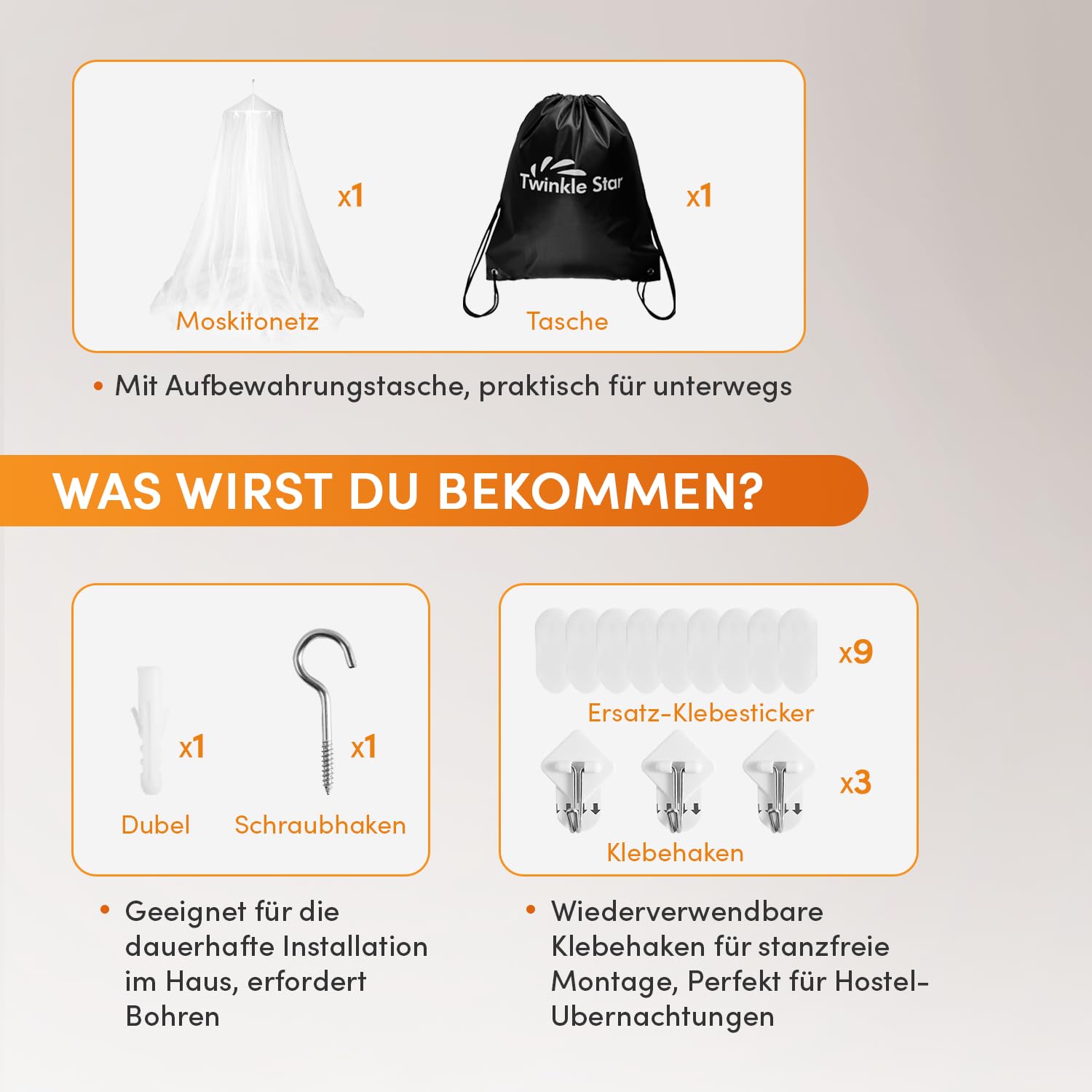 Twinkle Star Moskitonetz Reise mit Reisetasche und Selbstklebender Deckenhaken, Moskitonetz Outdoor Betthimmel für Zuhause und Reisen extra-groß für Doppelbett & Einzelbett, Weiß