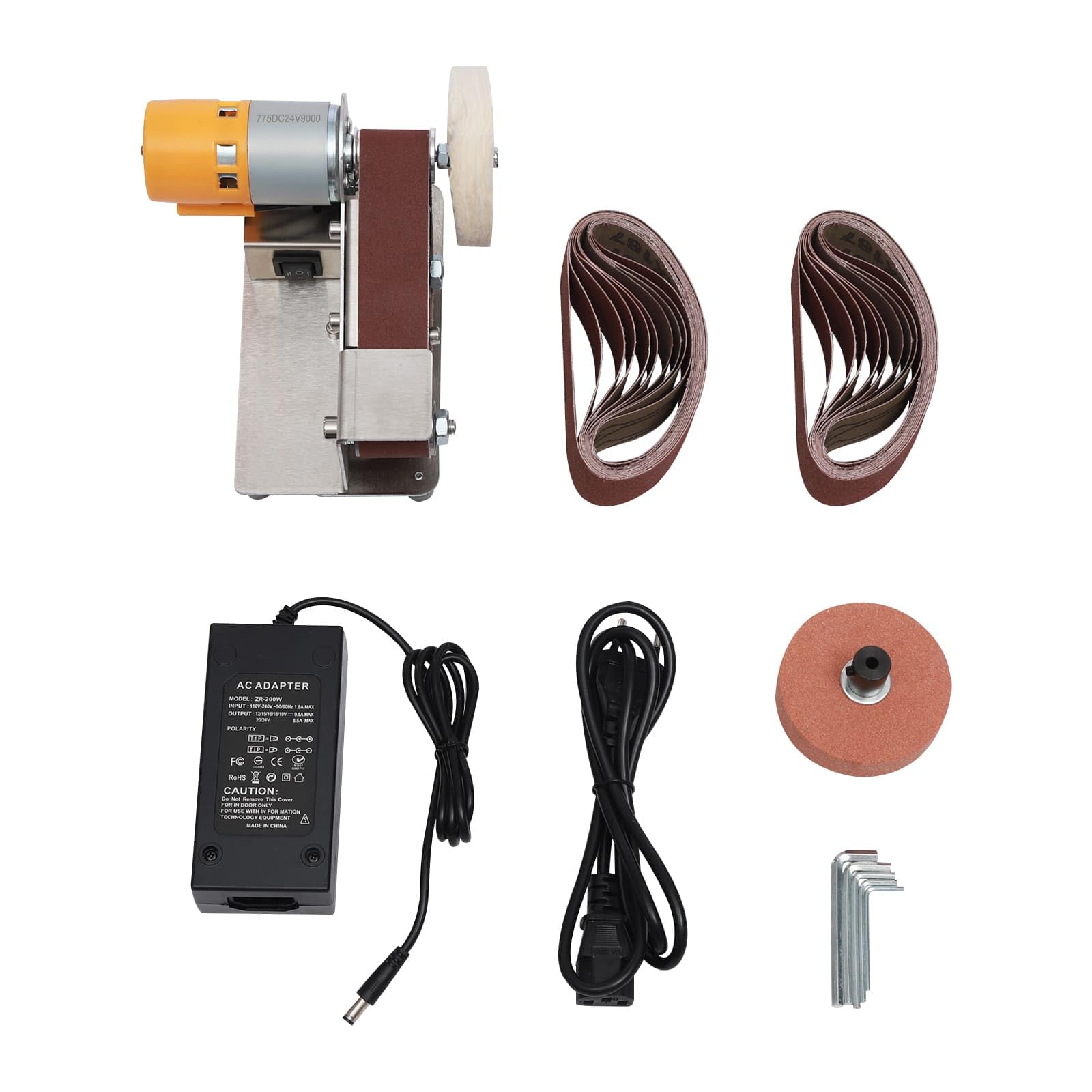 Mini szlifierka taśmowa 150 W z ściernicą i kołem z tkaniny, 7 regulowanych prędkości, regulowany kąt stołu roboczego, idealna do aluminium, ceramiki, szkła, drewna