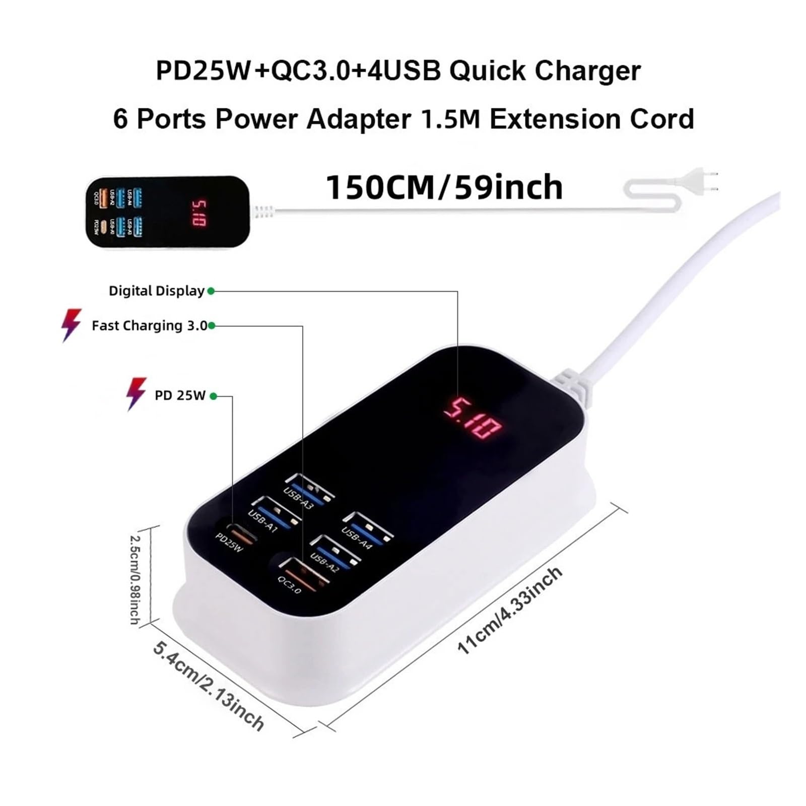 2 Szt. 50 W, 6 Portów, Szybka Ładowarka USB PD QC 3.0, Szybkie Ładowanie, Wyświetlacz Typu C, 1,5 M, Zasilacz Biurkowy Technologia Szybkiego Bezpiecznego ładowania