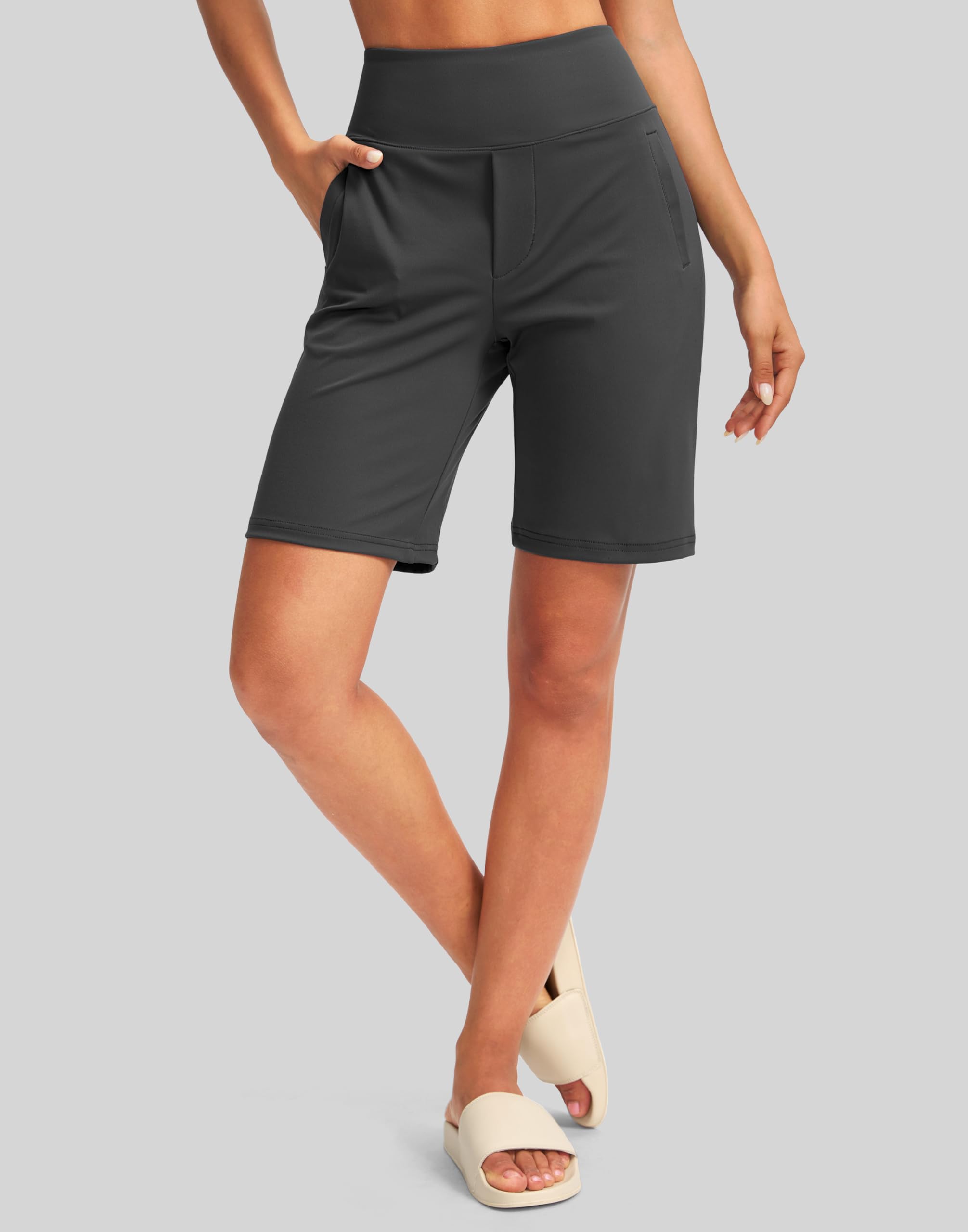 SANTINY Bermudas de cintura alta de 9 pulgadas para mujer, con 4 bolsillos, longitud hasta la rodilla, pantalones cortos largos para mujer, entrenamiento, atletismo, casual