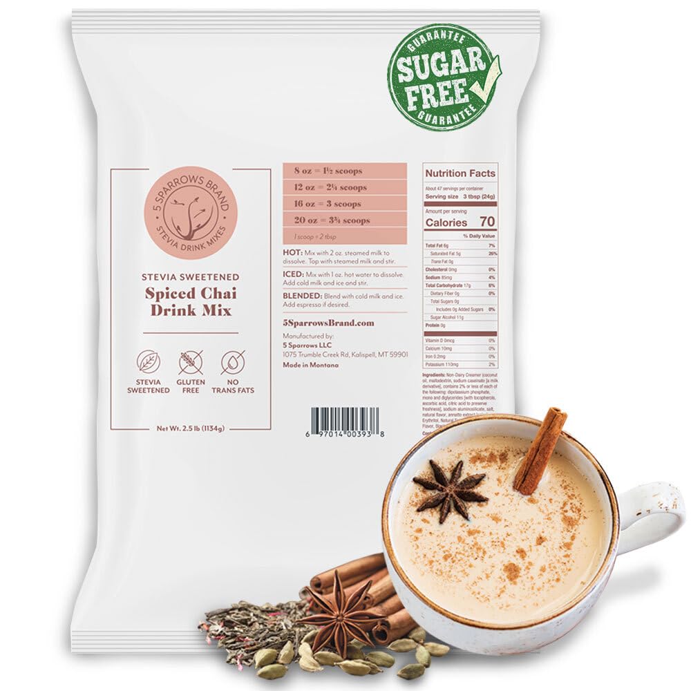 5 SPARROWS Sugar-Free Spiced Chai Latte Flavored Drink Mix- Stevia, Keto Friendly, No Sugar Coffee Creamer, 40 oz (2.5lb)