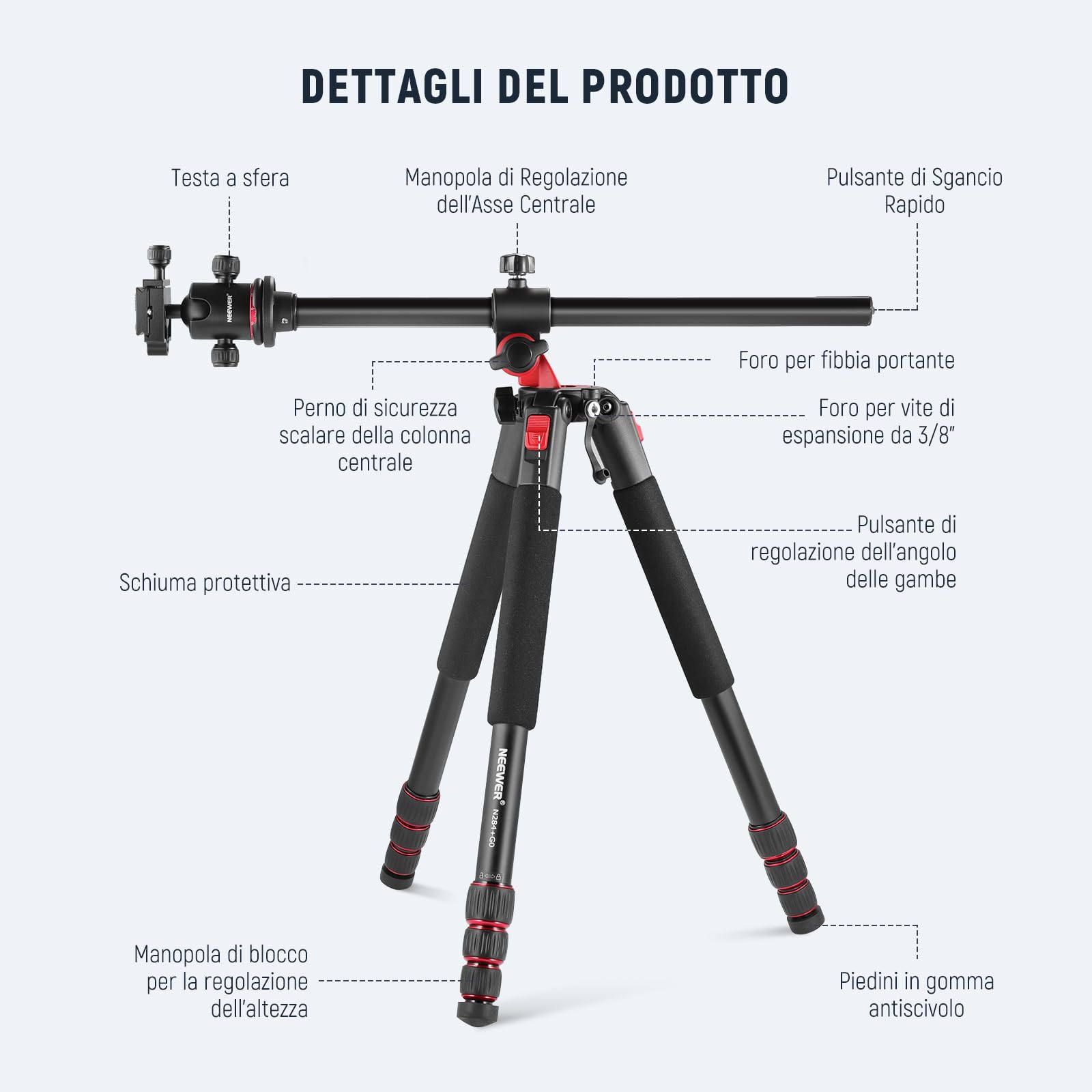 NEEWER 184cm Treppiede Monopiede per Fotocamera con Colonna Centrale e Testa a Sfera in Alluminio, Piastra QR Tipo Arca, Borsa, Treppiede Braccio Orizzontale per Fotocamera DSLR, Videocamera, Max 33lb