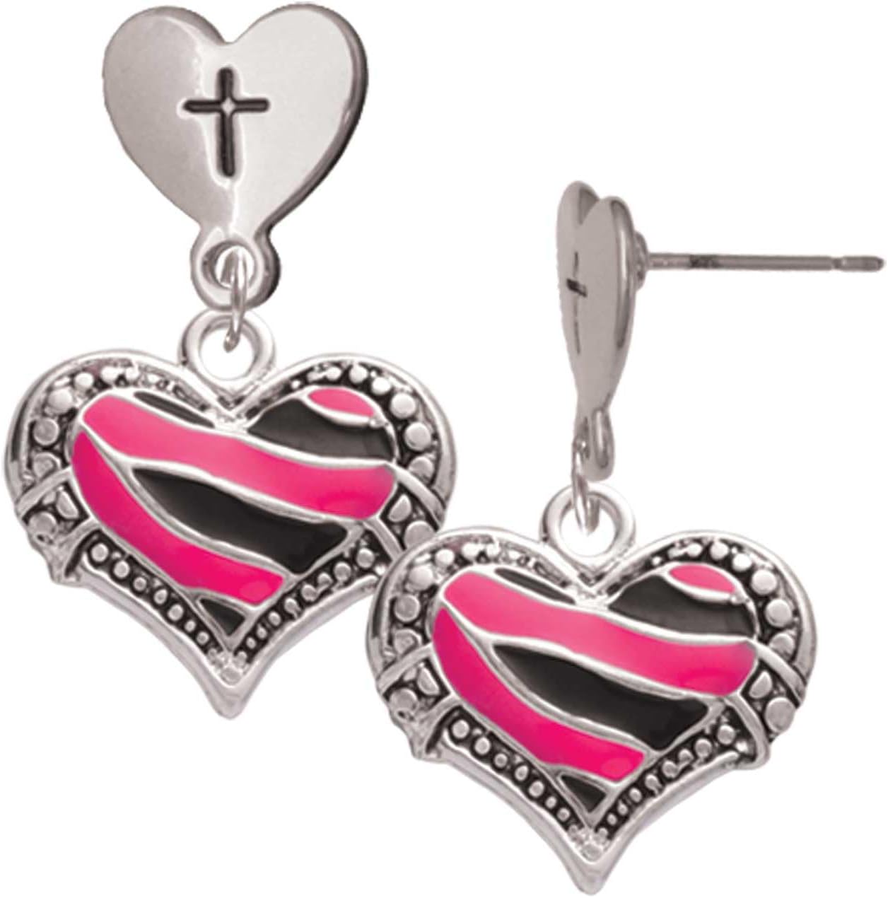 Delight Jewelry Plated Enamel Tiger Print Heart Plated Cross in Heart Post Dangle Earrings