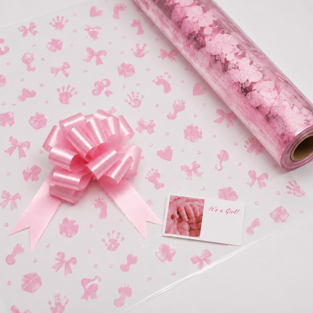 ShredAstic® 2 metres Pink Baby Girl Cellophane Gift Wrap Florist Film Baby Shower Nappy Cake wrapping Pull Bow & Card