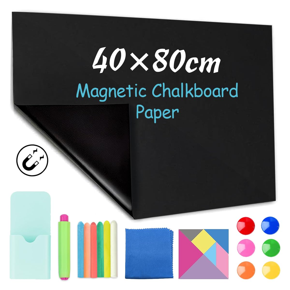 Magnetic Chalkboard Contact Paper 40 x 80cm Self Adhesive Blackboard Chalk Board Roll with Chalks/Magnets/Tangram for Kids Home School Office, Board Wallpaper Chalkboard Wall Sticker Removable
