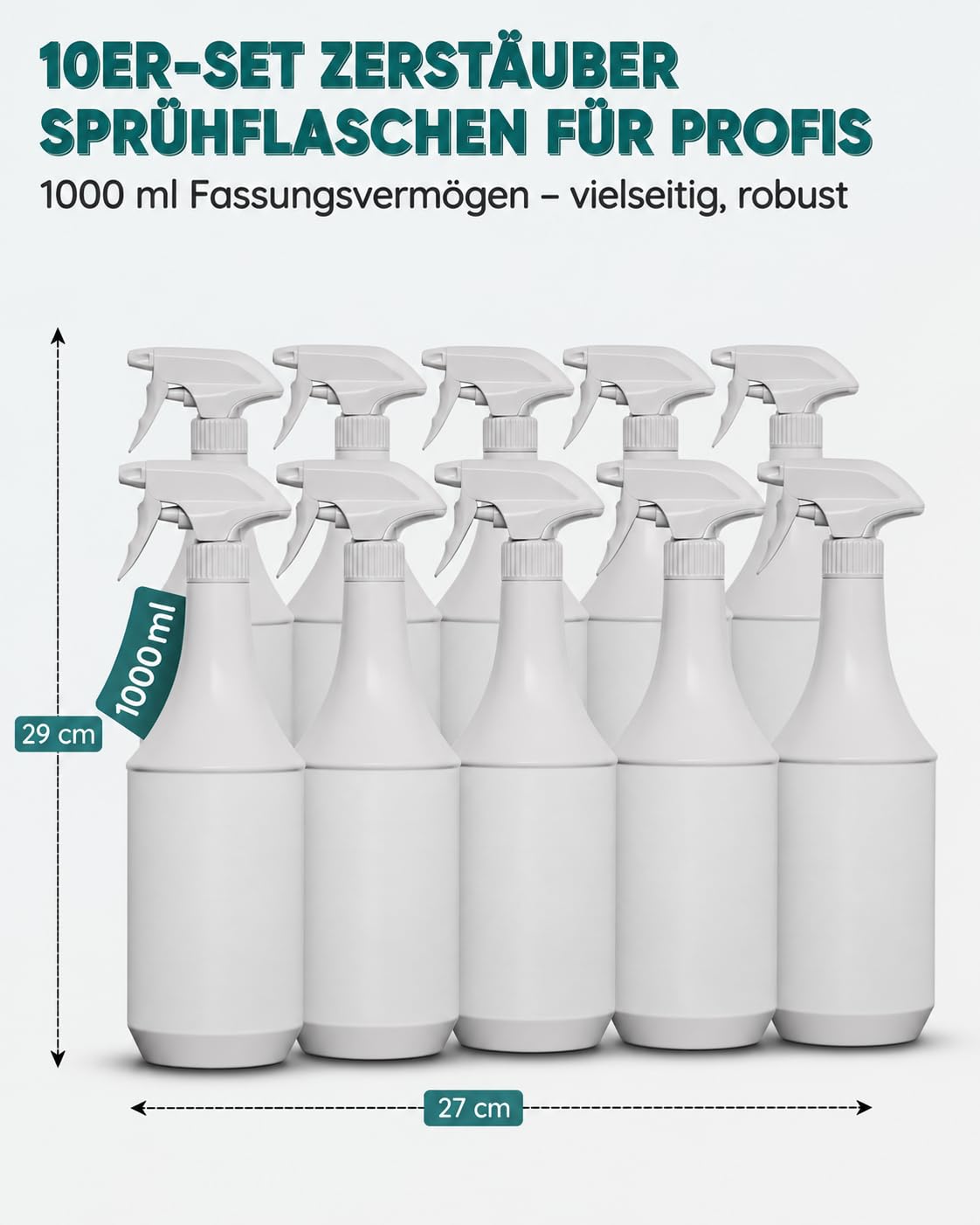 PI 10x1L Sprühflaschen mit Zerstäuber – Nachfüllbare Mehrweg-Sprühflaschen für Reinigung, Garten, Haushalt – 1000 ml Sprühbehälter im Vorratspack