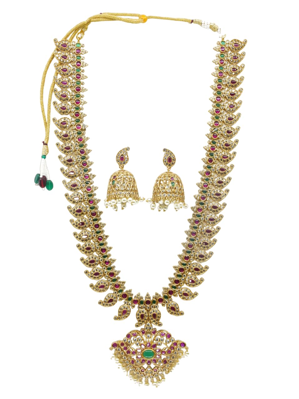 GriihamPremium Gold Finish Sayara Collection CZ Studded Long Bridal Necklace Set 11405N