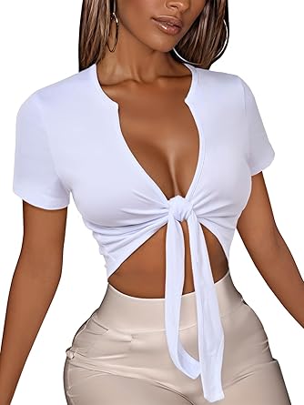 Womens Tie Front Crop Top V Neck Short Sleeve T Shirt Summer Casual Basic Slim Fit Tees