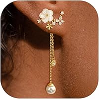 Qyalie Dangle Pearl Drop Earrings for Women - 14K Gold Plated CZ Sparkly Long Threader Chain Wedding Brides Jewelry