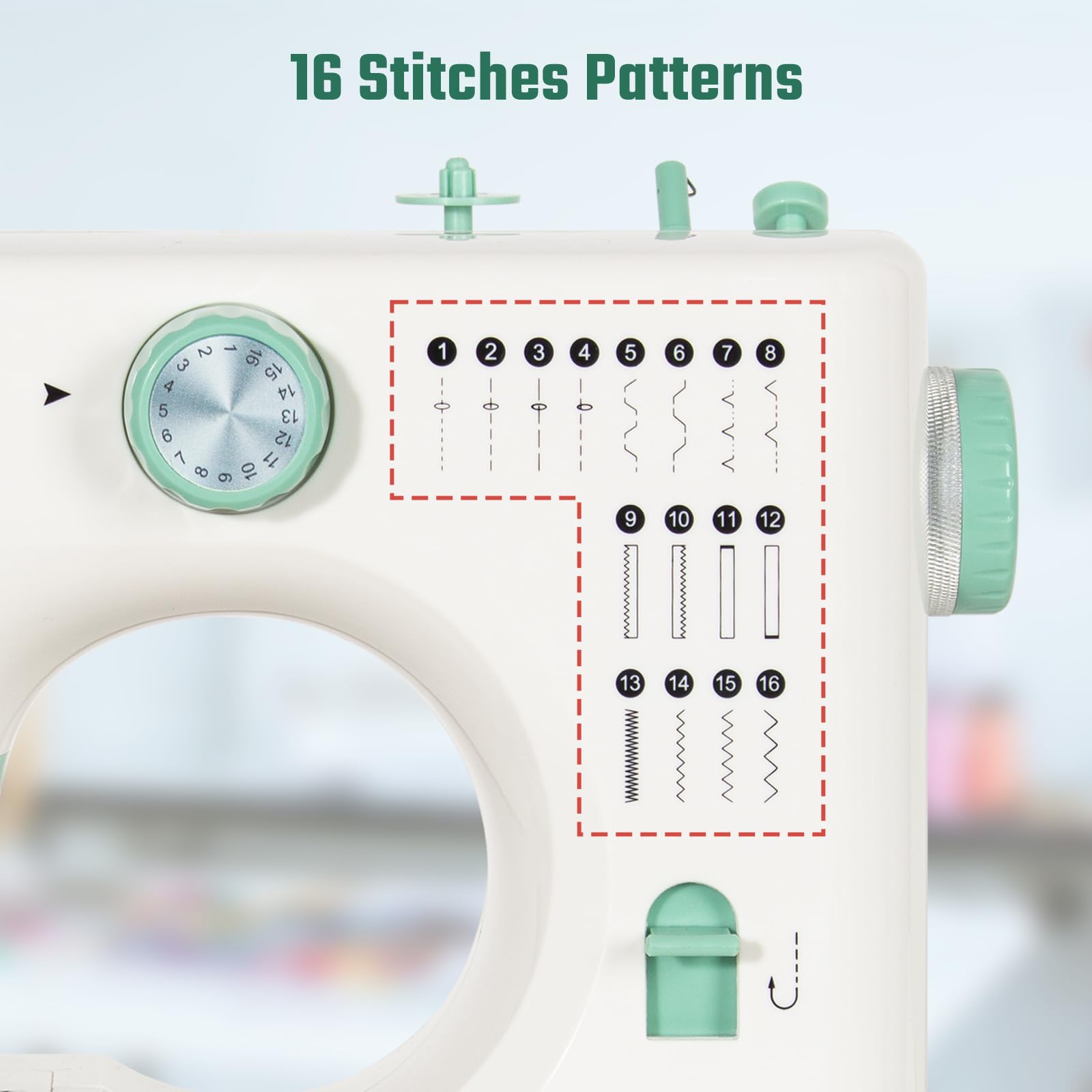 Todeco Macchina per Cucire Automatica con 16 Operazioni di Cucito, Ago doppio e filo doppio, Macchina Cucire Portatile, per Principianti e Bambini, Pedale e Kit da Cucito (Verde)