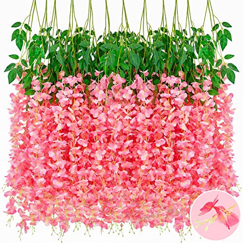 Serwalin Wisteria Hanging Flowers 12 Pack Artificial Flowers 3.75 Feet Fake Wisteria Garland Realistic Silk Wisteria Vine for Wedding Party Garden Wall Decoration, Pink