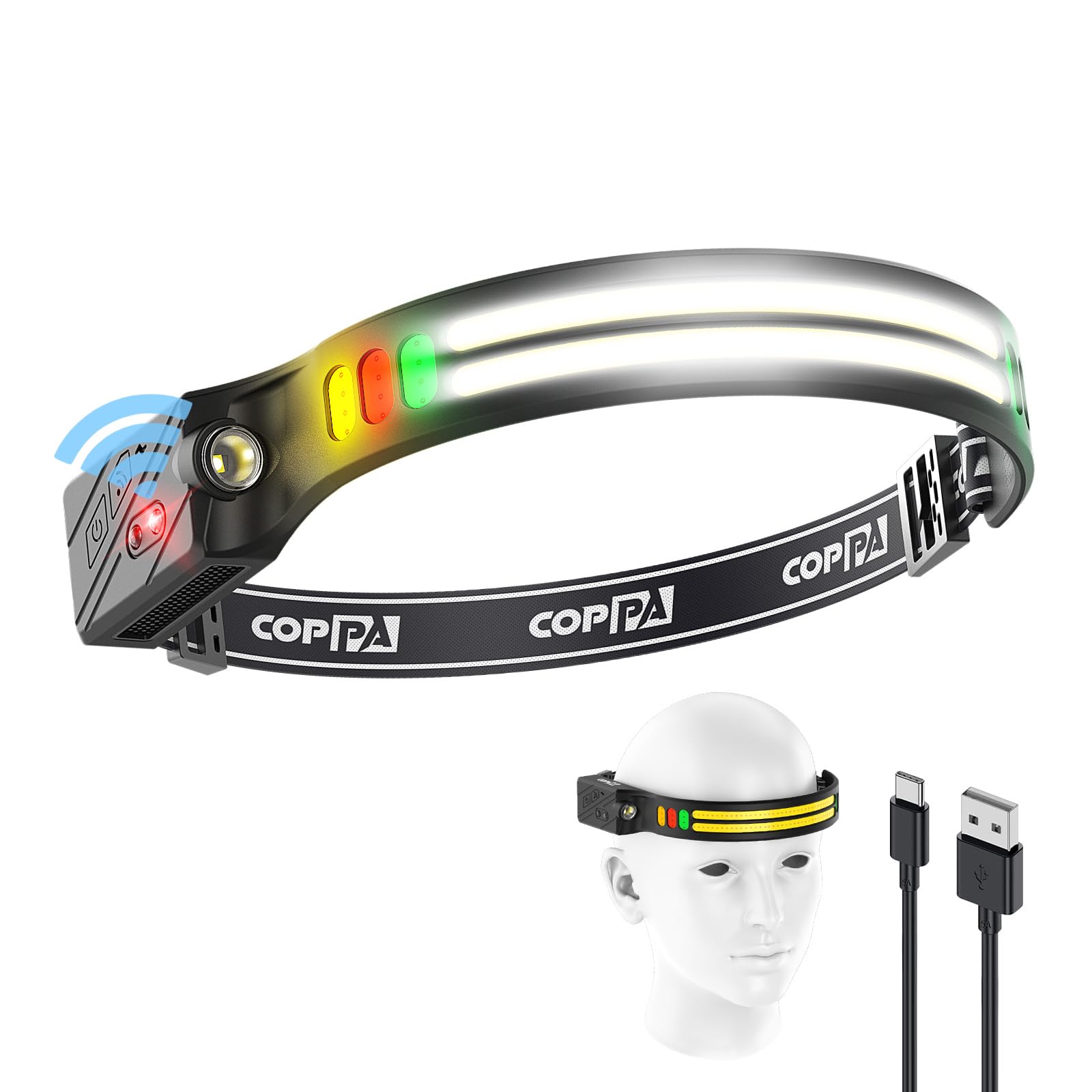 Coppa Headlamp, H4C Headlamp Rechargeable 1Pack with White & Yellow & Red & Green Floodlight & Spotlight Mini Portable with Motion Sensor Super for Camping Running Fishing Climbing Hiking Maintenance